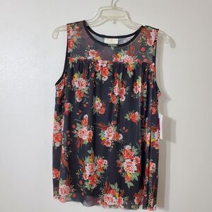 Bobbie Brooks Womens Sz Medium Sleeveless Sheer Yoke Lined Top Black Floral
